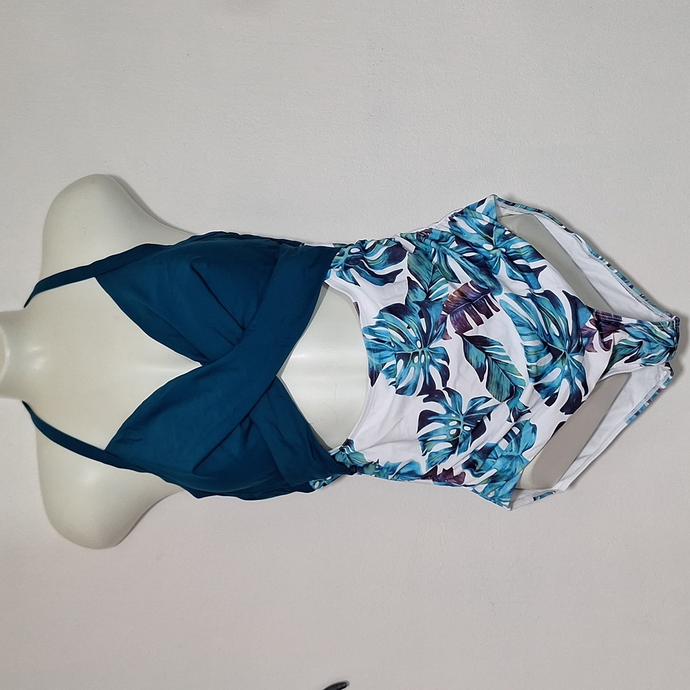 Eomenie Leaf Print Cutout One Piece Swimsuit Teal Large - Picture 3 of 9